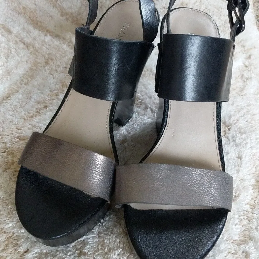 Franco Sarto Silver and Black Leather Platform Sandals